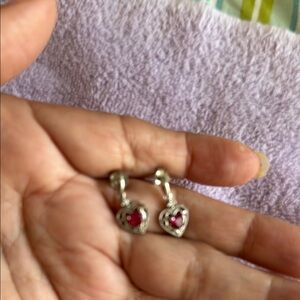 Silver Heart Earrings with Red Gemstone